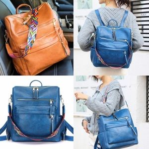 Blue vegan leather zipper detail mini backpacks